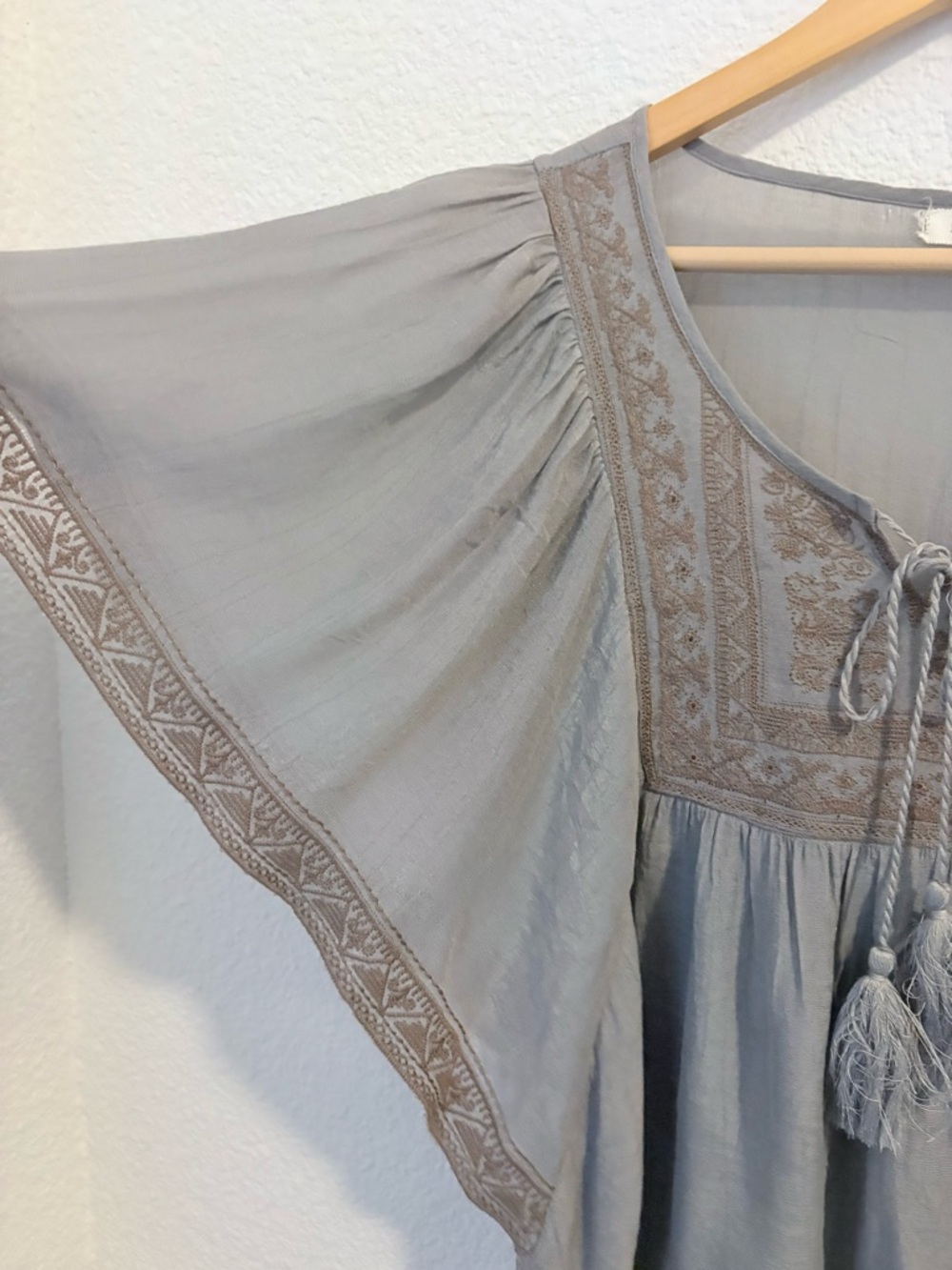 Blue Bird Gray Embroidered Tassel Peasant Top - Picture 3 of 6